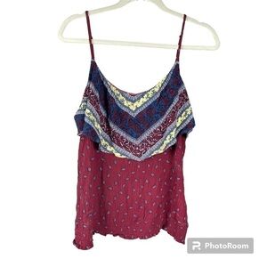 MAURICES Spaghetti Strap Blouse 100% Rayon Burgundy and Navy Blue Pattern